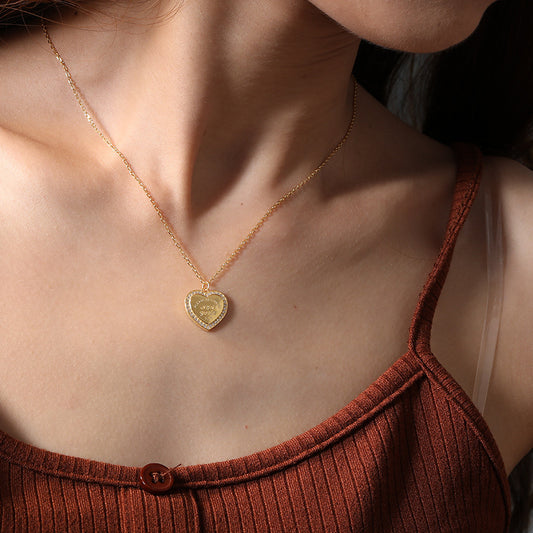 Heart Halo Lettering Round Cut Sterling Silver Plated Gold Necklace