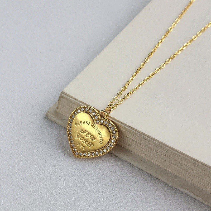 Heart Halo Lettering Round Cut Sterling Silver Plated Gold Necklace