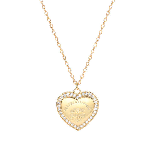 Heart Halo Lettering Round Cut Sterling Silver Plated Gold Necklace