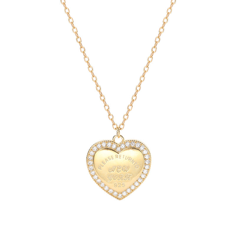 Heart Halo Lettering Round Cut Sterling Silver Plated Gold Necklace