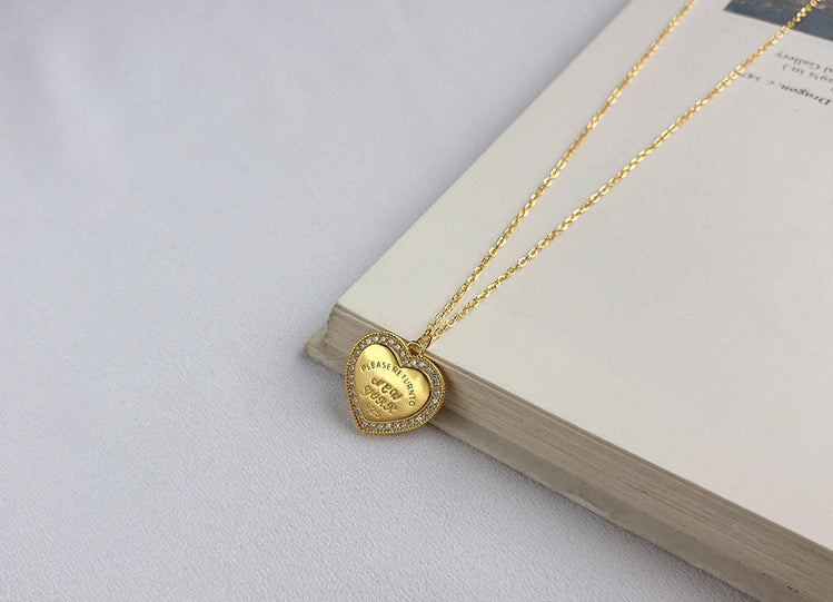 Heart Halo Lettering Round Cut Sterling Silver Plated Gold Necklace