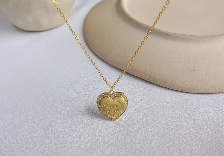 Heart Halo Lettering Round Cut Sterling Silver Plated Gold Necklace