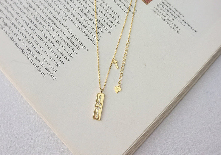 T-shaped Cross Round Cut Sterling Silver Plated Gold Necklace