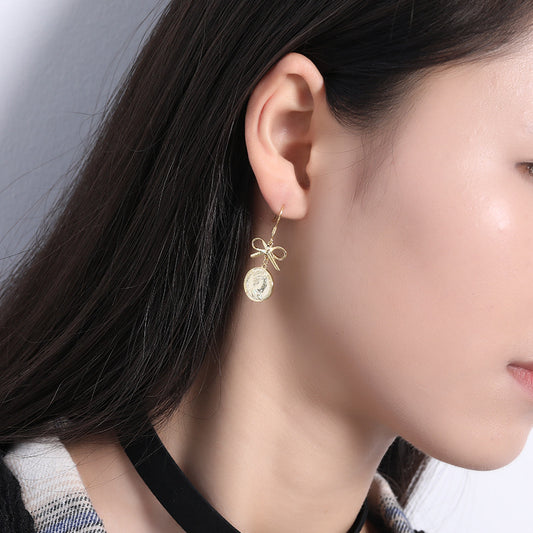 Retro Bow Portrait Disc Sterling Silver Plated Gold Earring