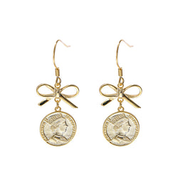 Retro Bow Portrait Disc Sterling Silver Plated Gold Earring