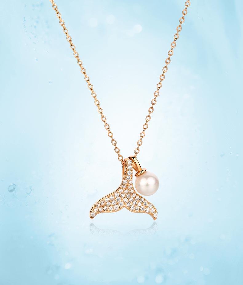 Mermaid Love Pearls Round Cut Sterling Silver Necklace