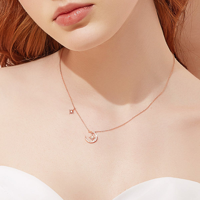 Starry Moon Fairy Round Cut Plated 14K Rose Gold Necklace