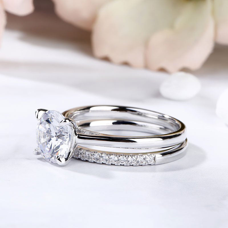 Classic Round Cut Sterling Silver Ring Set