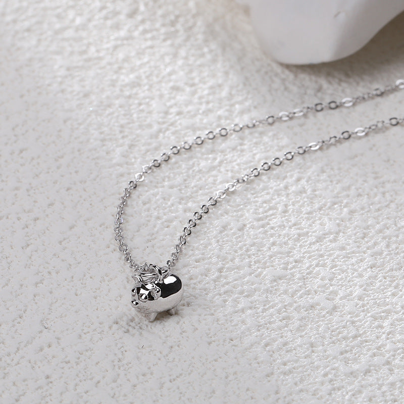 Zodiac Three-dimensional Pig Sterling Silver Plated Platinum Necklace