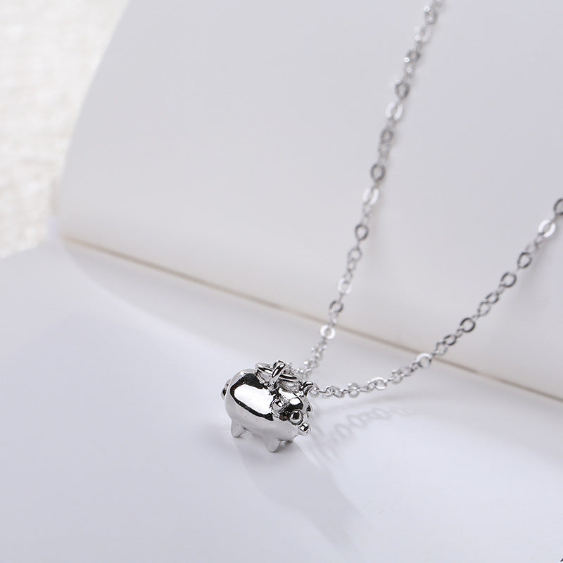 Zodiac Three-dimensional Pig Sterling Silver Plated Platinum Necklace