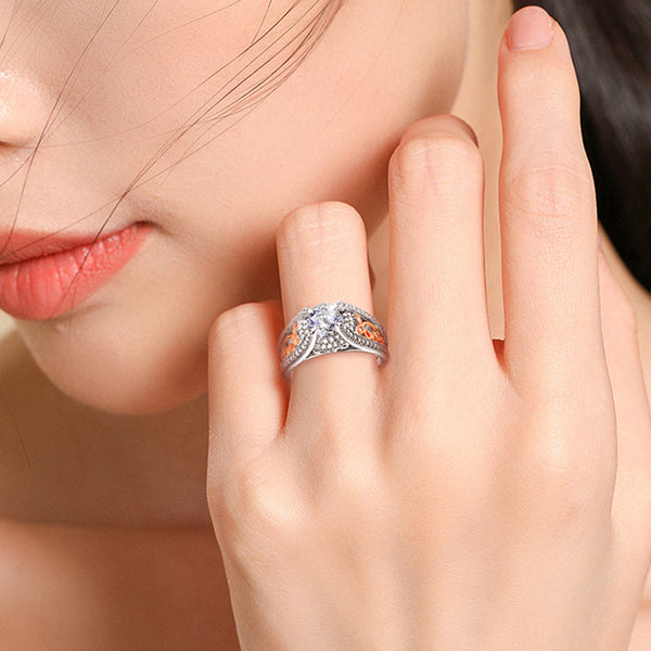 Hollow Leaf Round Cut Sterling Silver Ring