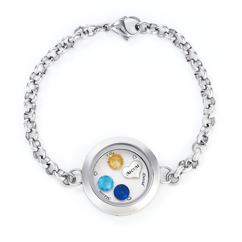 Engraved Floating Locket Bracelet With Charms And Birthstones Stainless Steel-JE-Juri Elle