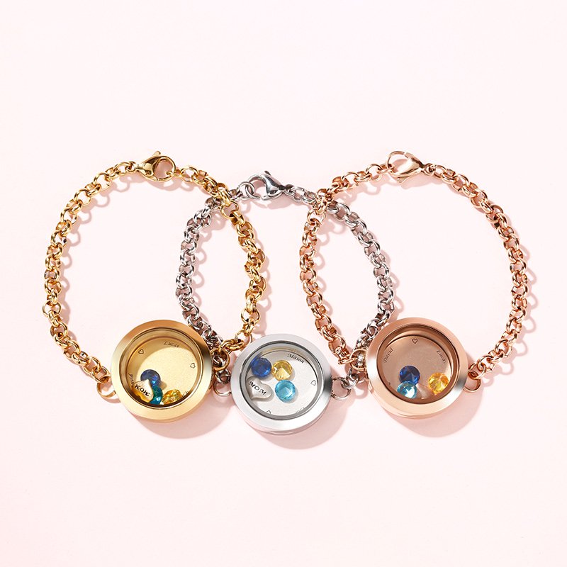 Engraved Floating Locket Bracelet With Charms And Birthstones Stainless Steel-JE-Juri Elle