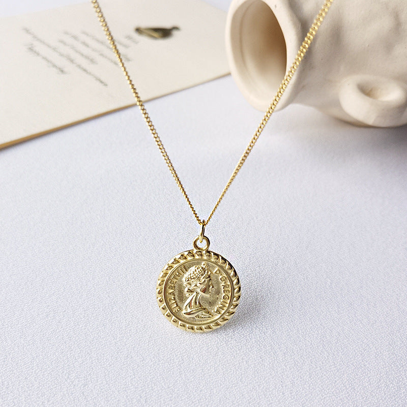 Portrait Lettering Coin Sterling Silver Plated Gold Necklace