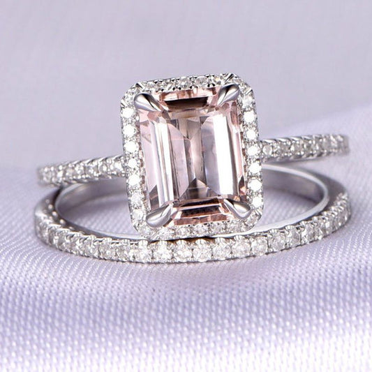 Ensemble de bagues en argent sterling morganite synthétique coupe émeraude Halo
