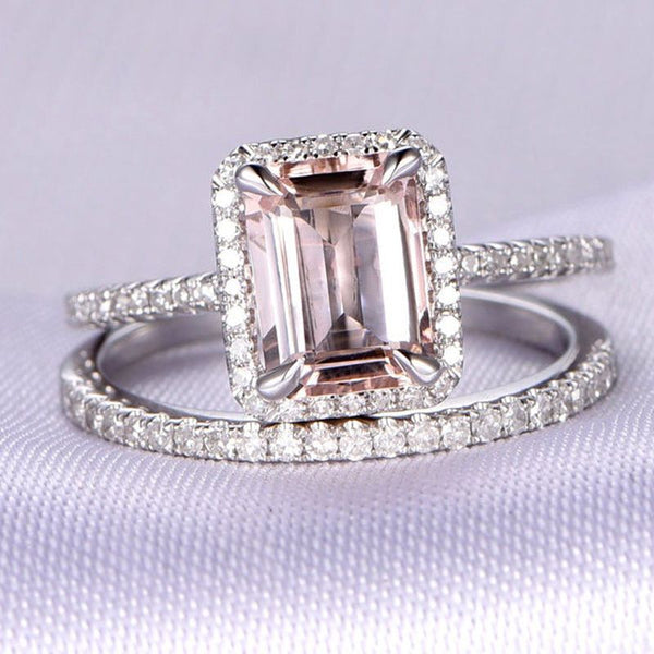 Halo Emerald Cut Synthetic Morganite Sterling Silver Ring Set
