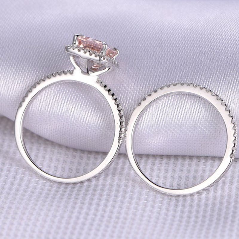 Halo Emerald Cut Synthetic Morganite Sterling Silver Ring Set