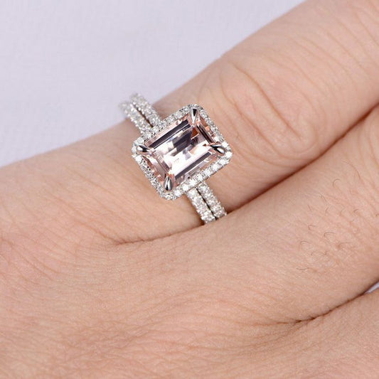 Ensemble de bagues en argent sterling morganite synthétique coupe émeraude Halo