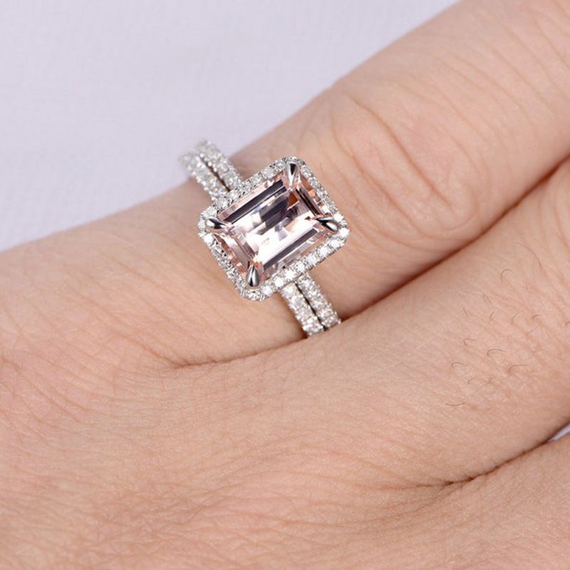 Halo Emerald Cut Synthetic Morganite Sterling Silver Ring Set