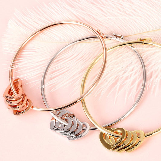 Bangle Bracelet with Heart Shape Pendants in Sterling Silver-JE-Juri Elle