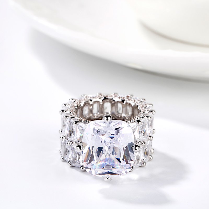 Cushion Cut Three Sided Pave Sterling Silver Eternity Ring Set