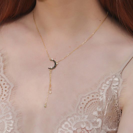 Star&Moon Tassel Round Cut Sterling Silver Plated Gold Necklace