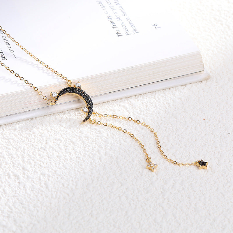 Star&Moon Tassel Round Cut Sterling Silver Plated Gold Necklace