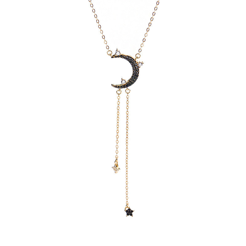 Star&Moon Tassel Round Cut Sterling Silver Plated Gold Necklace