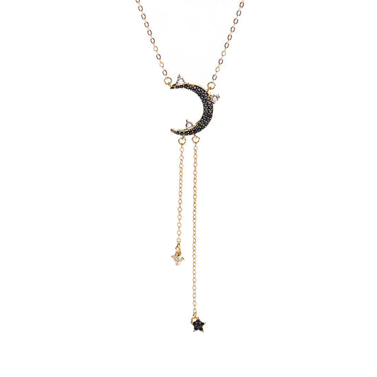Star&Moon Tassel Round Cut Sterling Silver Plated Gold Necklace