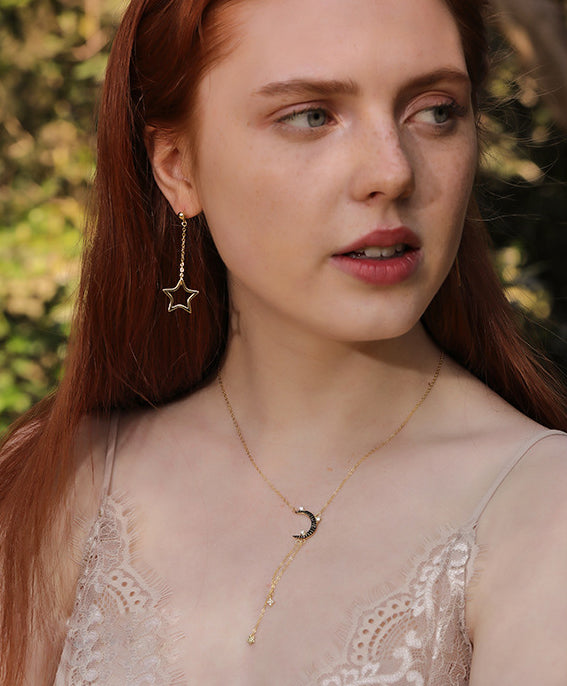 Star&Moon Tassel Round Cut Sterling Silver Plated Gold Necklace