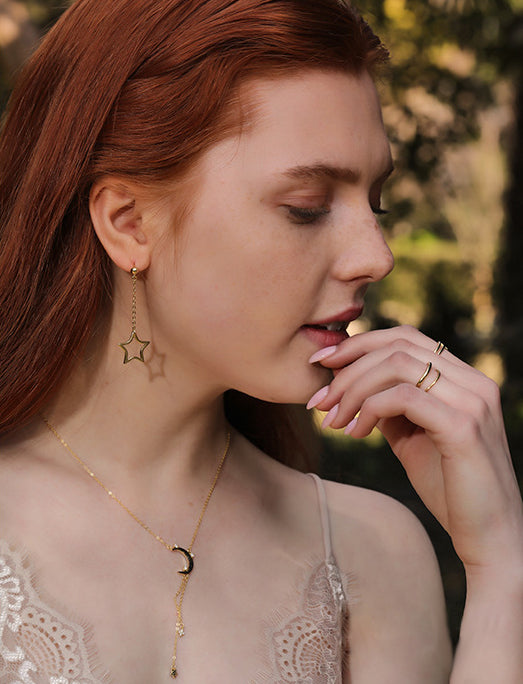 Star&Moon Tassel Round Cut Sterling Silver Plated Gold Necklace