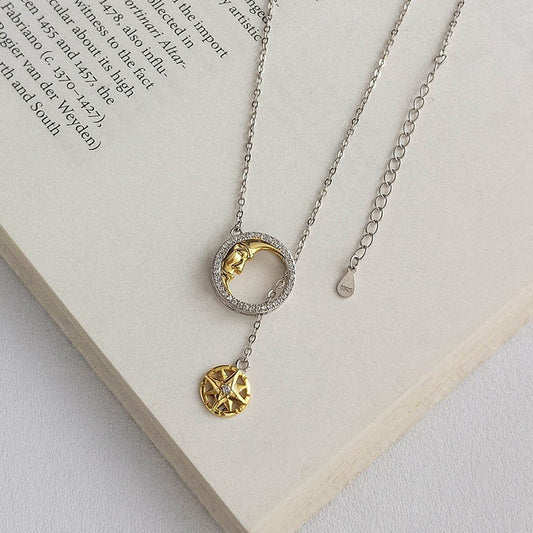 Relative Star & Moon Round Cut Sterling Silver Necklace