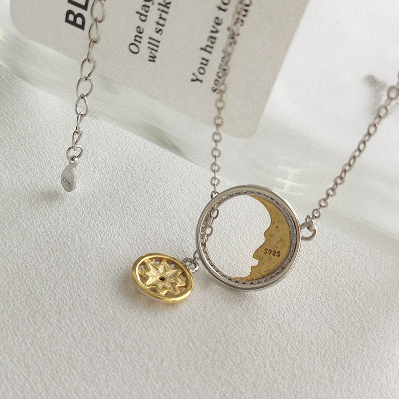 Relative Star & Moon Round Cut Sterling Silver Necklace
