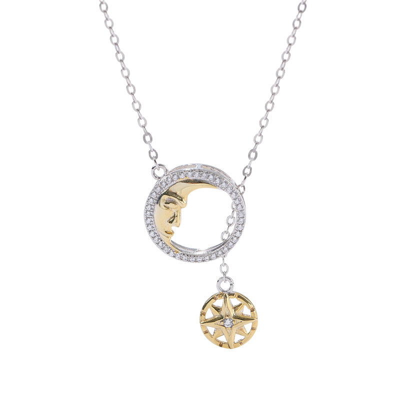 Relative Star & Moon Round Cut Sterling Silver Necklace
