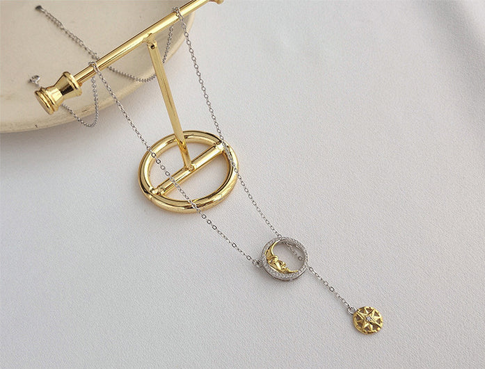 Relative Star & Moon Round Cut Sterling Silver Necklace