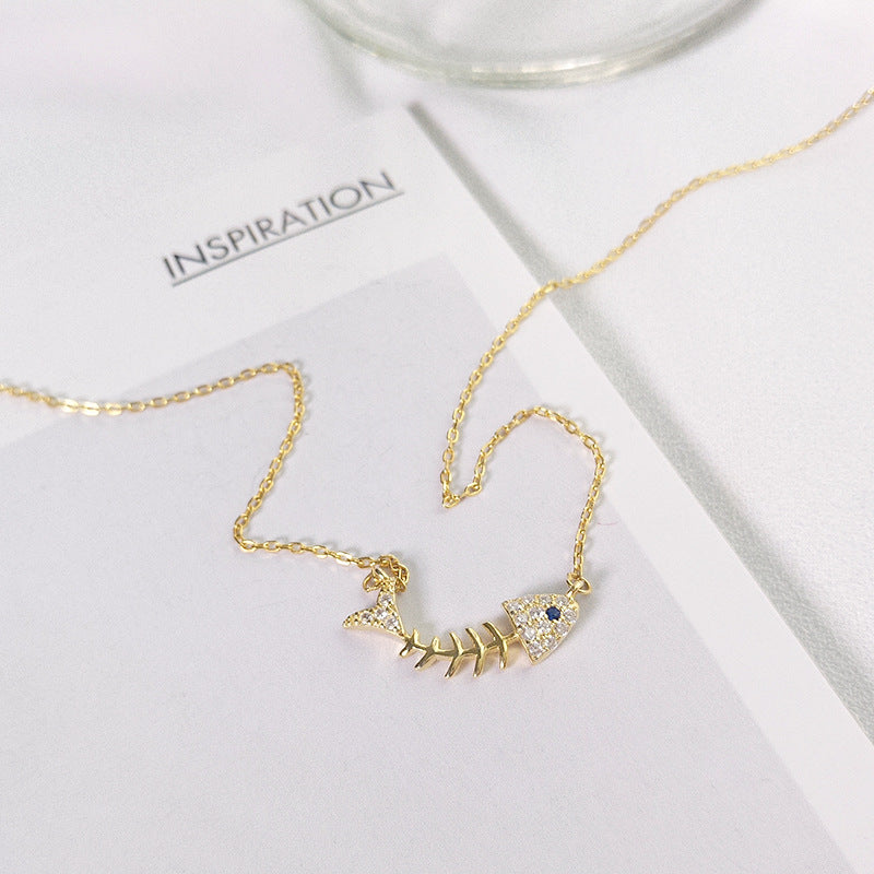 Classic Fish Bone Round Cut Sterling Silver Plated Platinum Necklace
