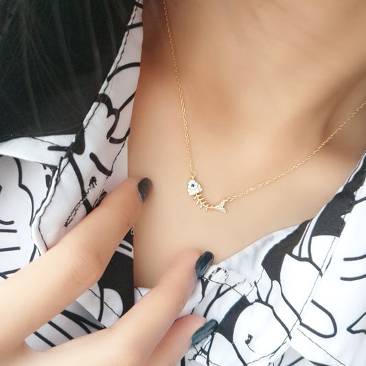 Classic Fish Bone Round Cut Sterling Silver Plated Platinum Necklace