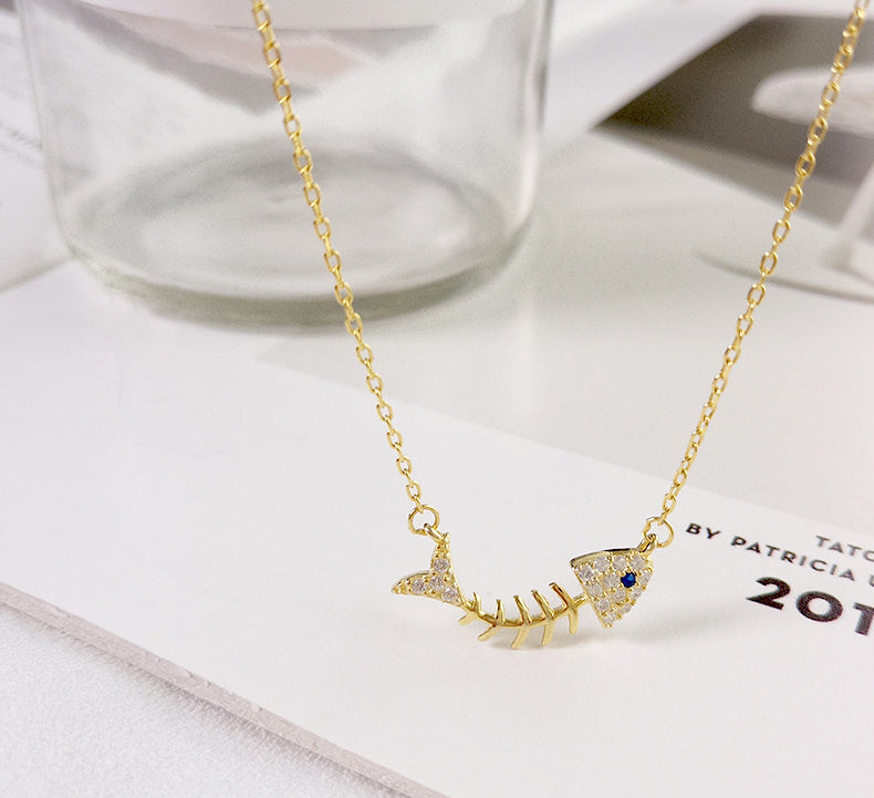 Classic Fish Bone Round Cut Sterling Silver Plated Platinum Necklace