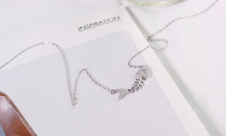 Classic Fish Bone Round Cut Sterling Silver Plated Platinum Necklace