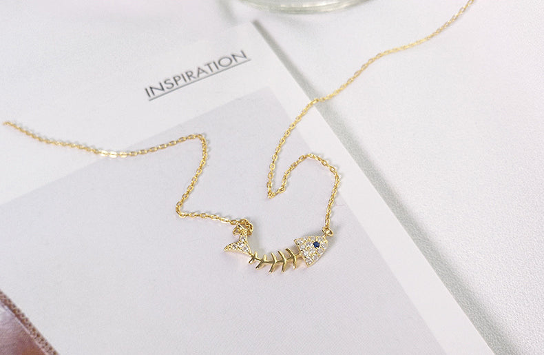 Classic Fish Bone Round Cut Sterling Silver Plated Platinum Necklace