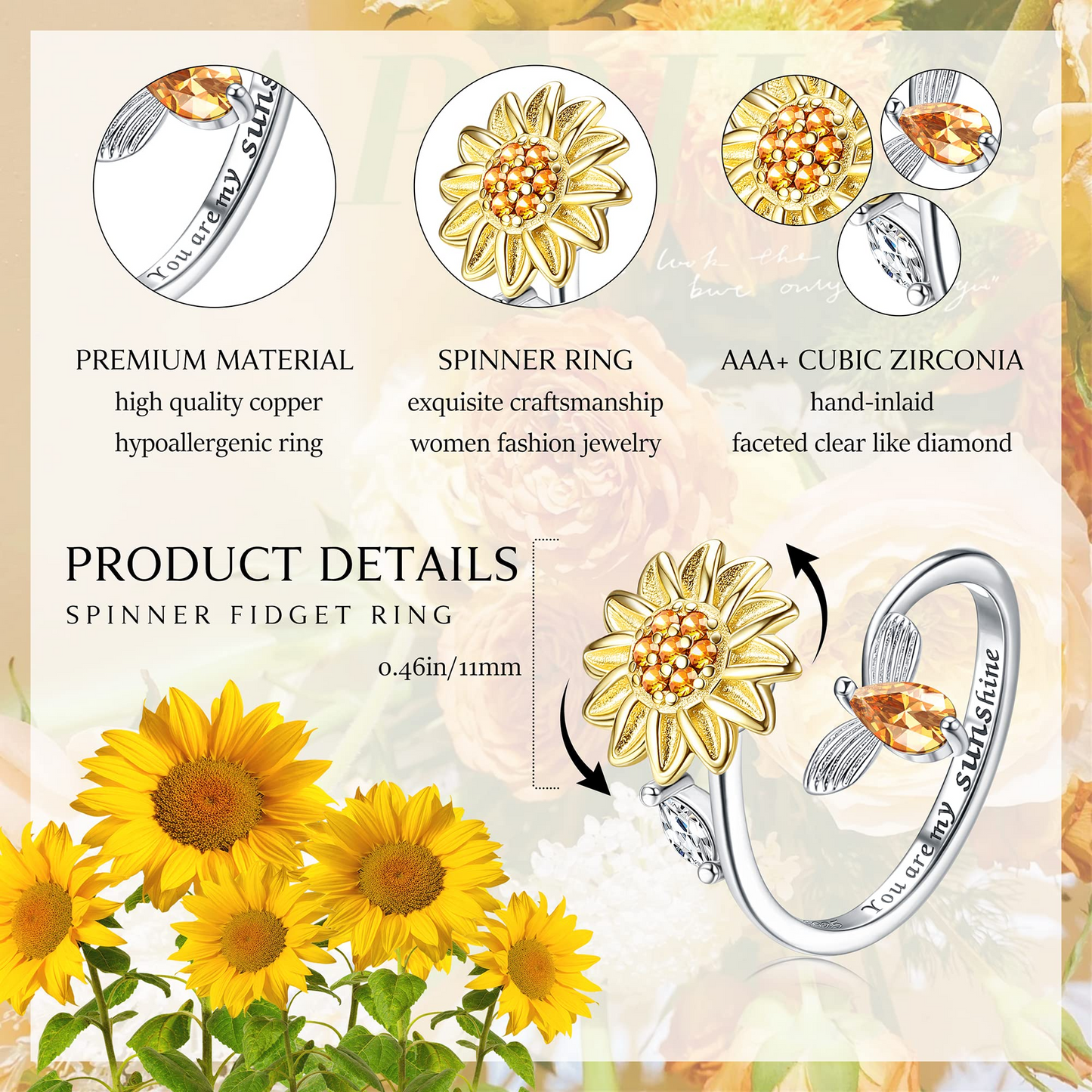 Sunflower Anxiety Ring for Women Spinner Fidget Ring