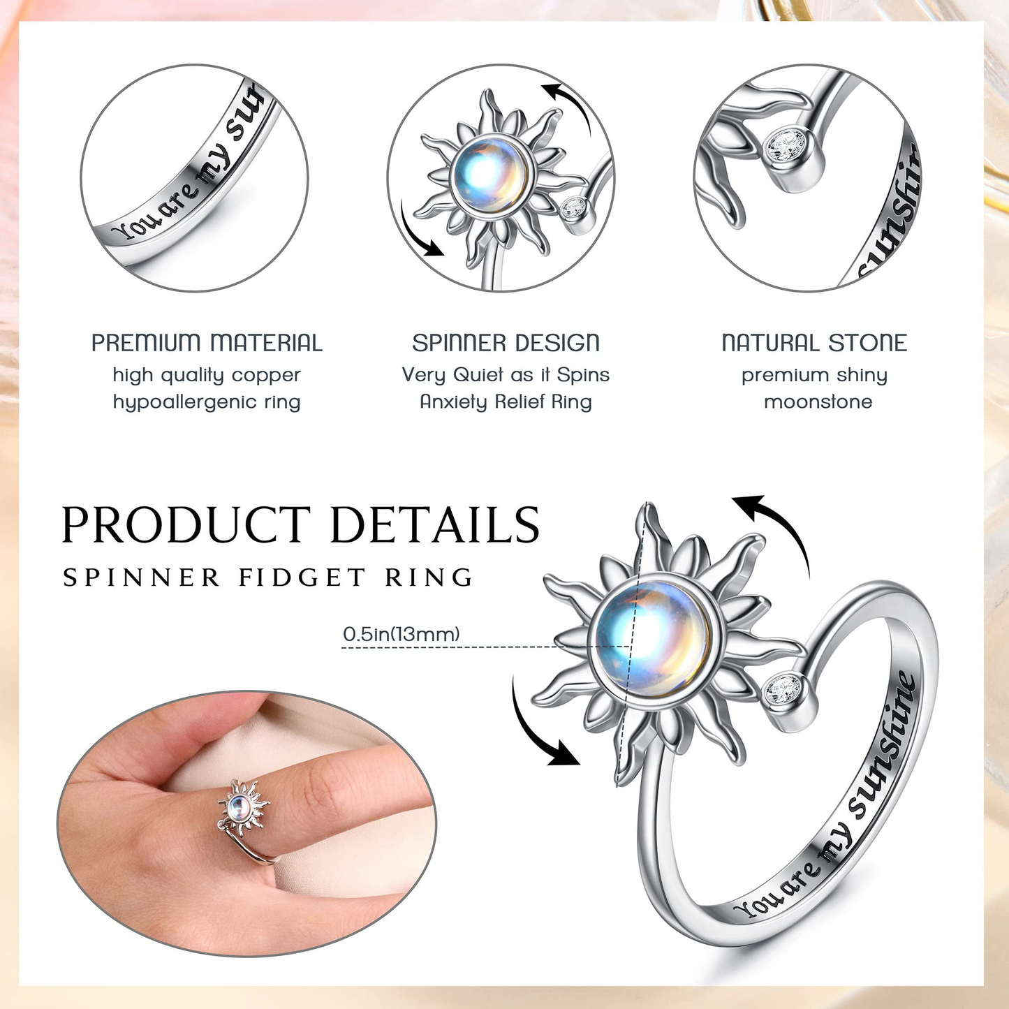 Anxiety Spinner Fidget Adjustable Sunflower Ring