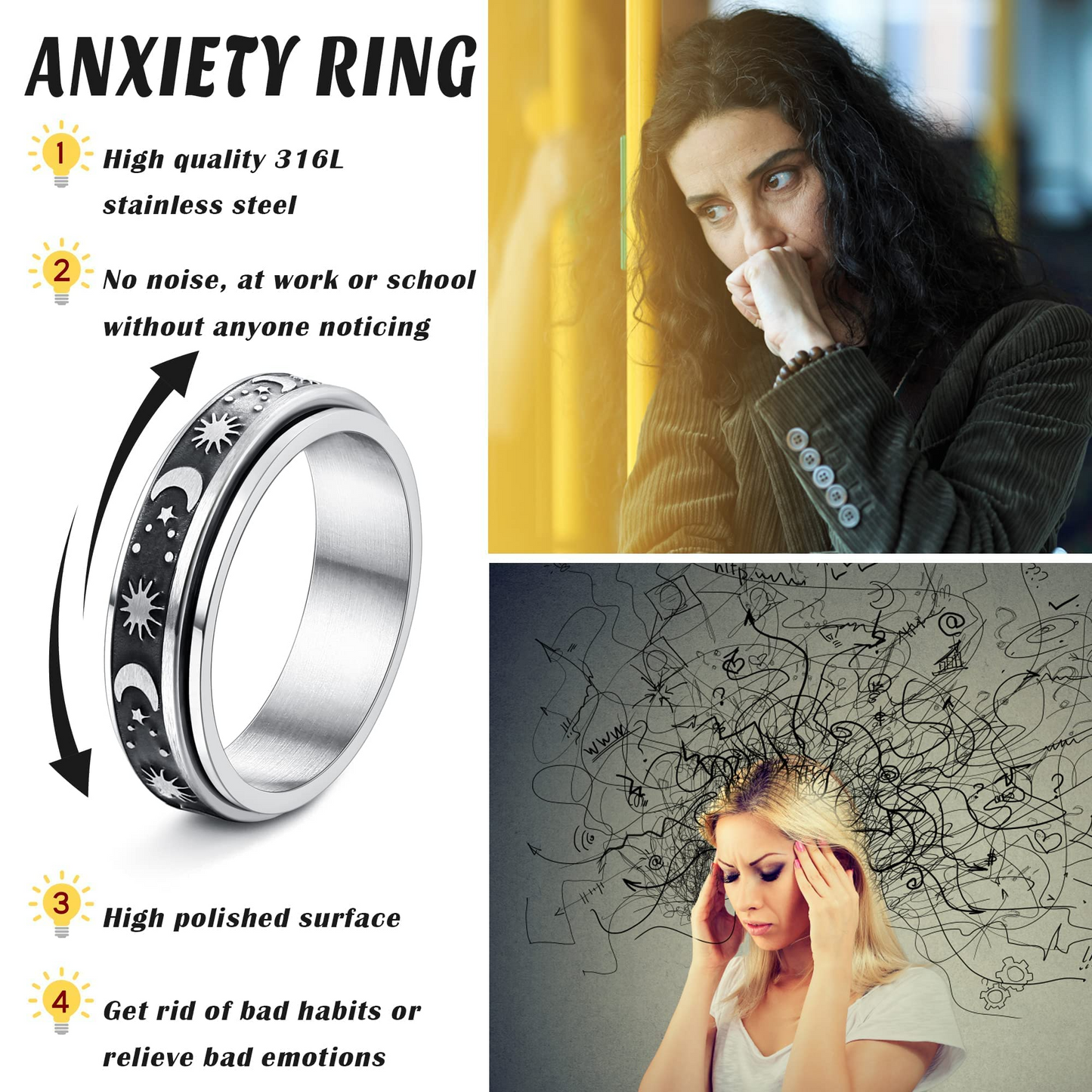 Spinner Fidget Ring for Anxiety Moon Star Sun Ring