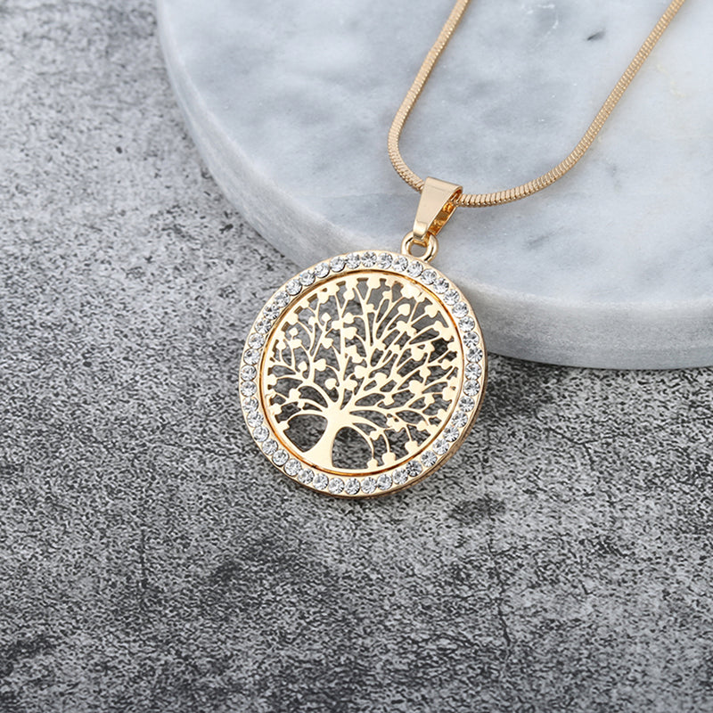 Tree of Life Rhinestone Round Small Pendant Necklace