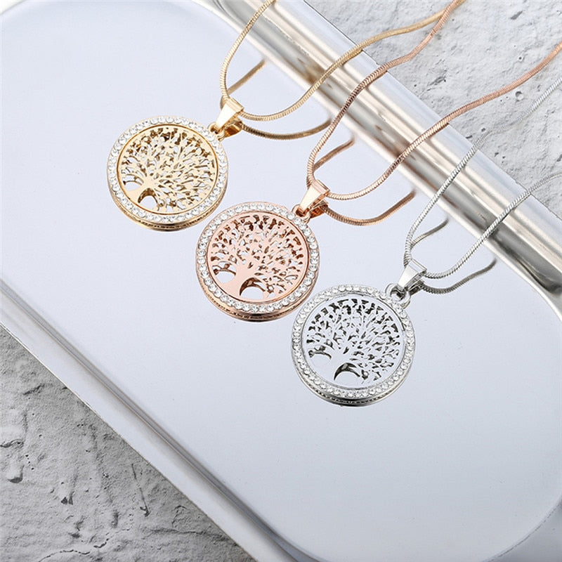 Tree of Life Rhinestone Round Small Pendant Necklace