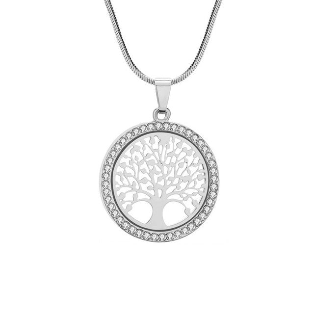 Tree of Life Rhinestone Round Small Pendant Necklace
