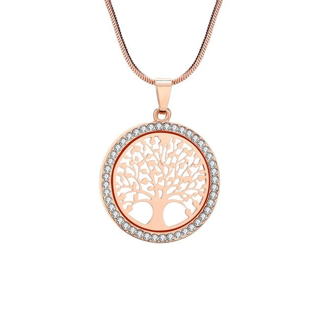 Tree of Life Rhinestone Round Small Pendant Necklace