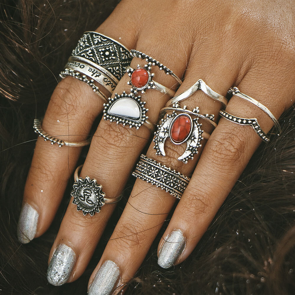 Red And White Turquoise 14-Piece Combination Ring Set