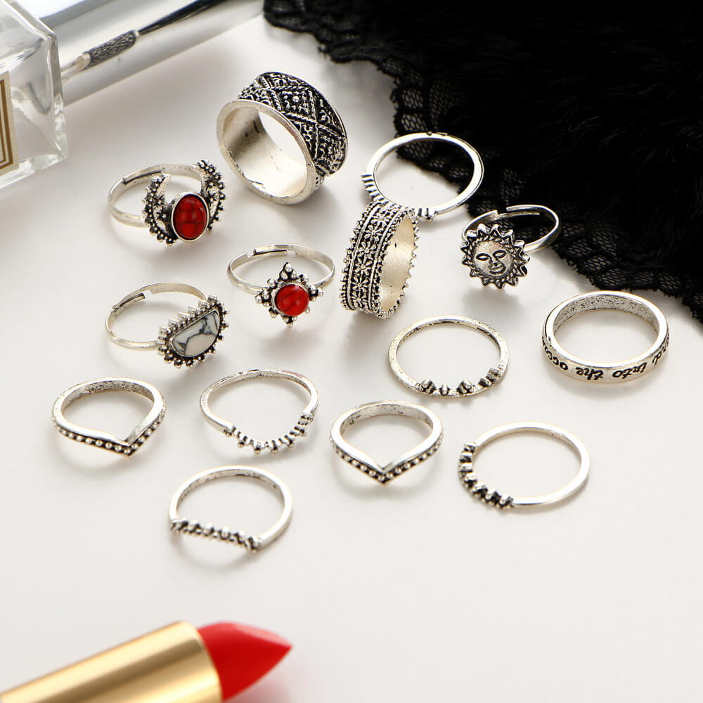 Red And White Turquoise 14-Piece Combination Ring Set