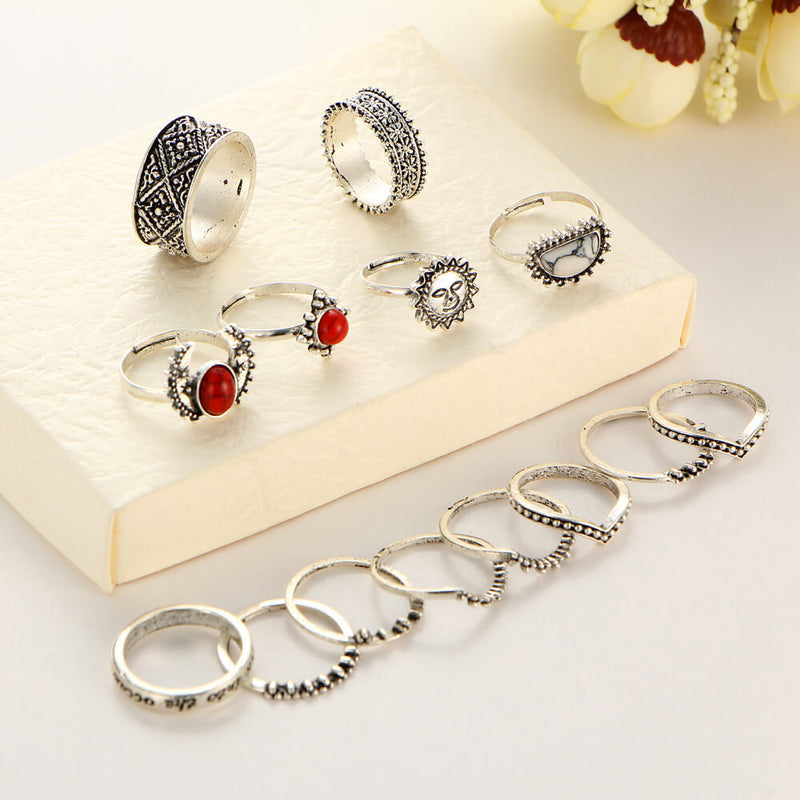 Red And White Turquoise 14-Piece Combination Ring Set
